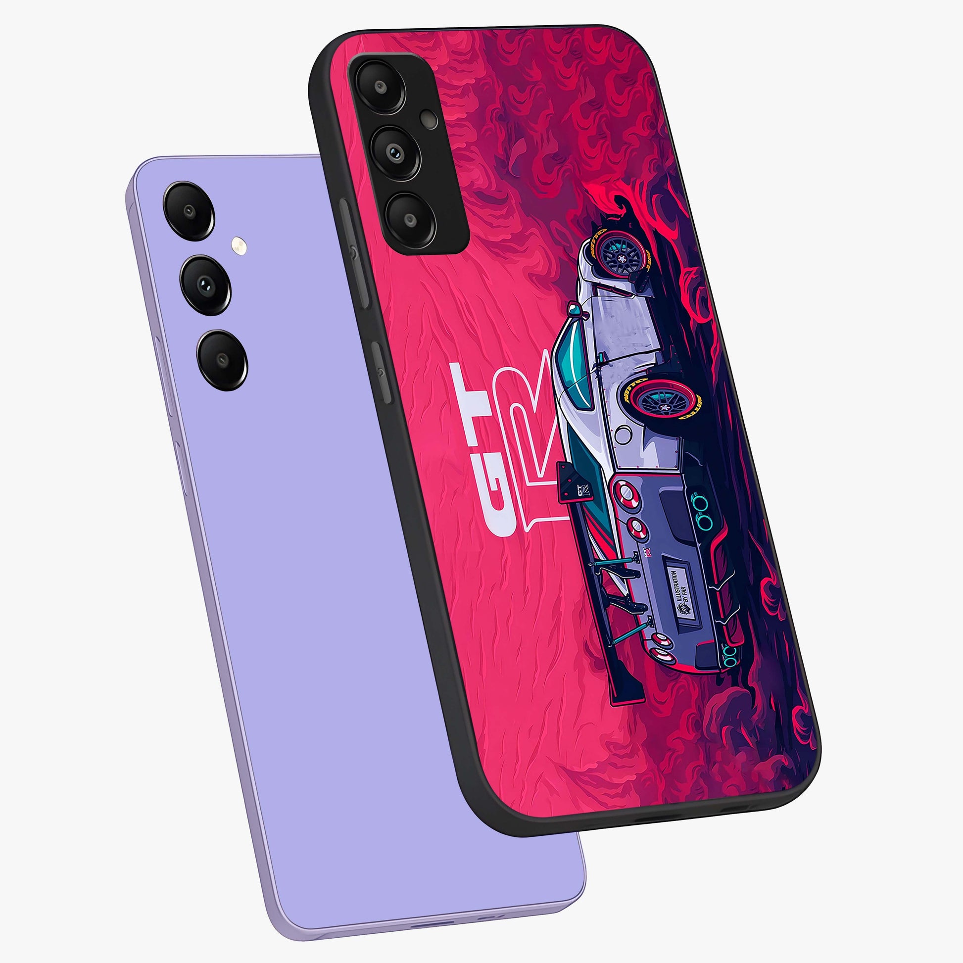 GT-R Car Pattern Glass Case displayed in angled mockup highlighting racing car graphic design with bold automotive aesthetic.