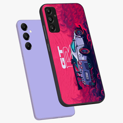 GT-R Car Pattern Glass Case displayed in angled mockup highlighting racing car graphic design with bold automotive aesthetic.