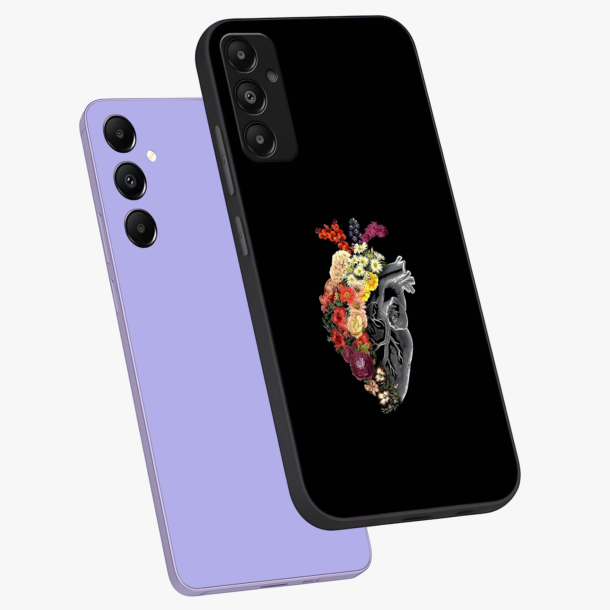 Heart With Flowers Glass Case displayed in angled mockup highlighting romantic flower design with soft aesthetic style.