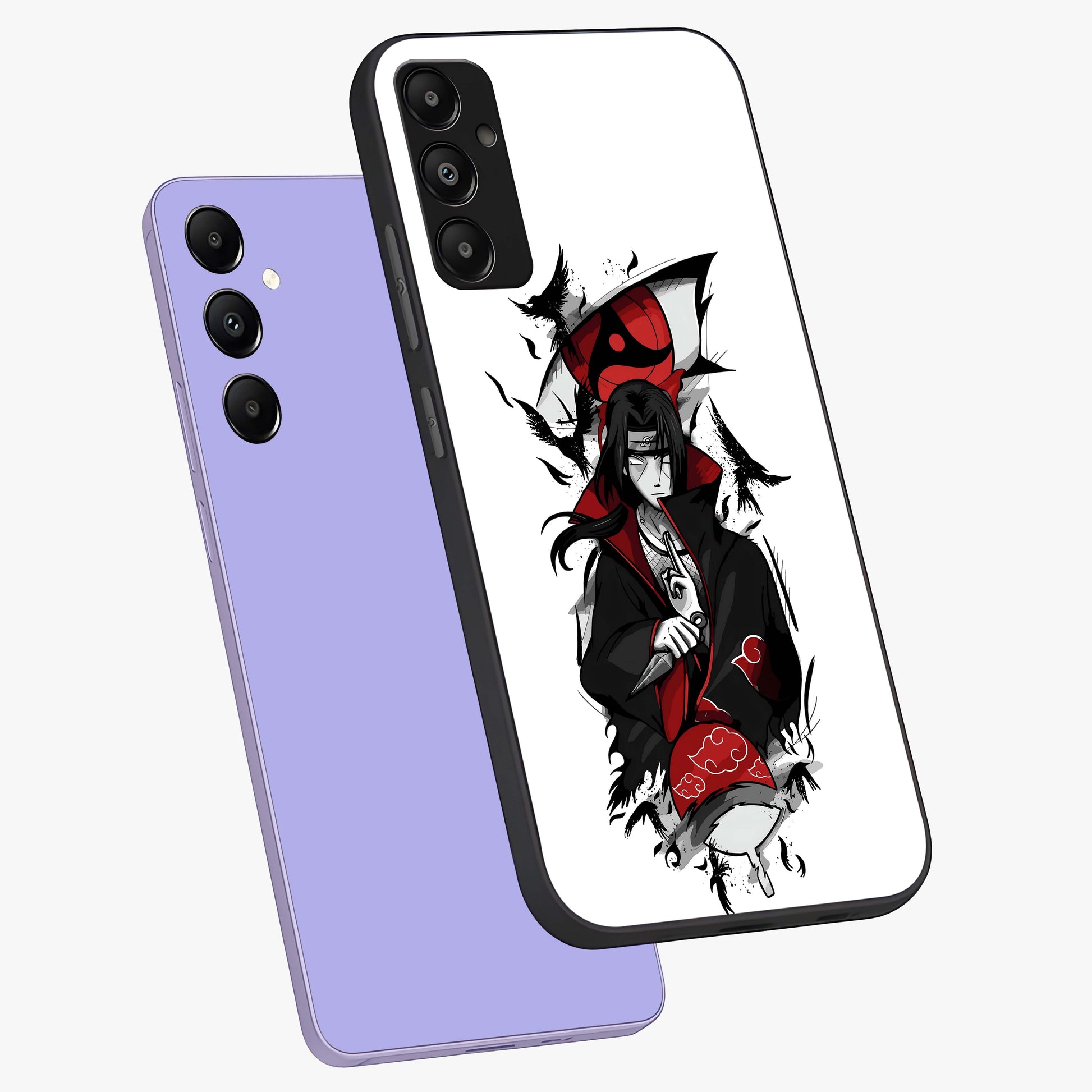 Itachi Limited Edition Naruto Anime Glass Case displayed in angled mockup highlighting dramatic anime illustration with bold action aesthetic.