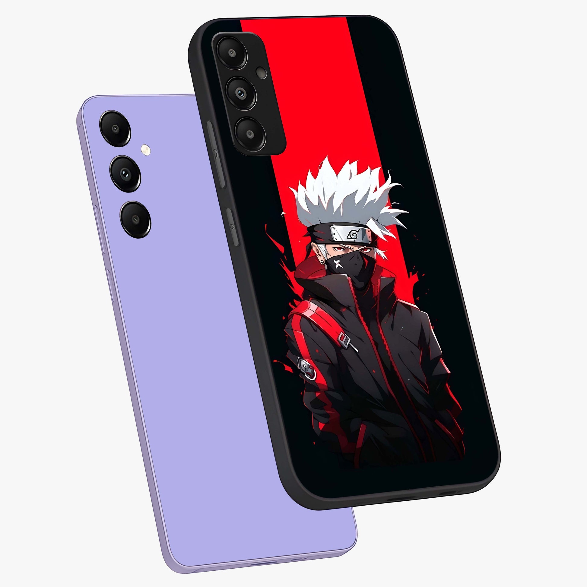 Kakashi Scarlet Shadow Glass Case displayed in angled mockup highlighting dramatic ninja illustration with scarlet themed aesthetic.