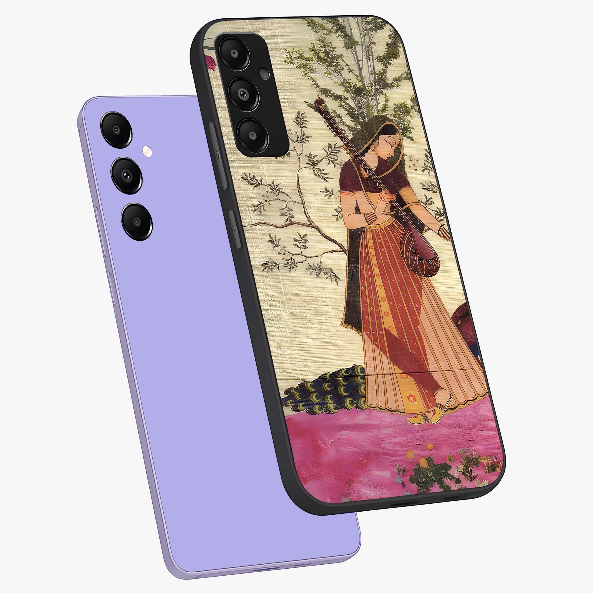Lady With Veena Art Glass Case displayed in angled mockup highlighting graceful musical illustration with cultural artistic aesthetic.