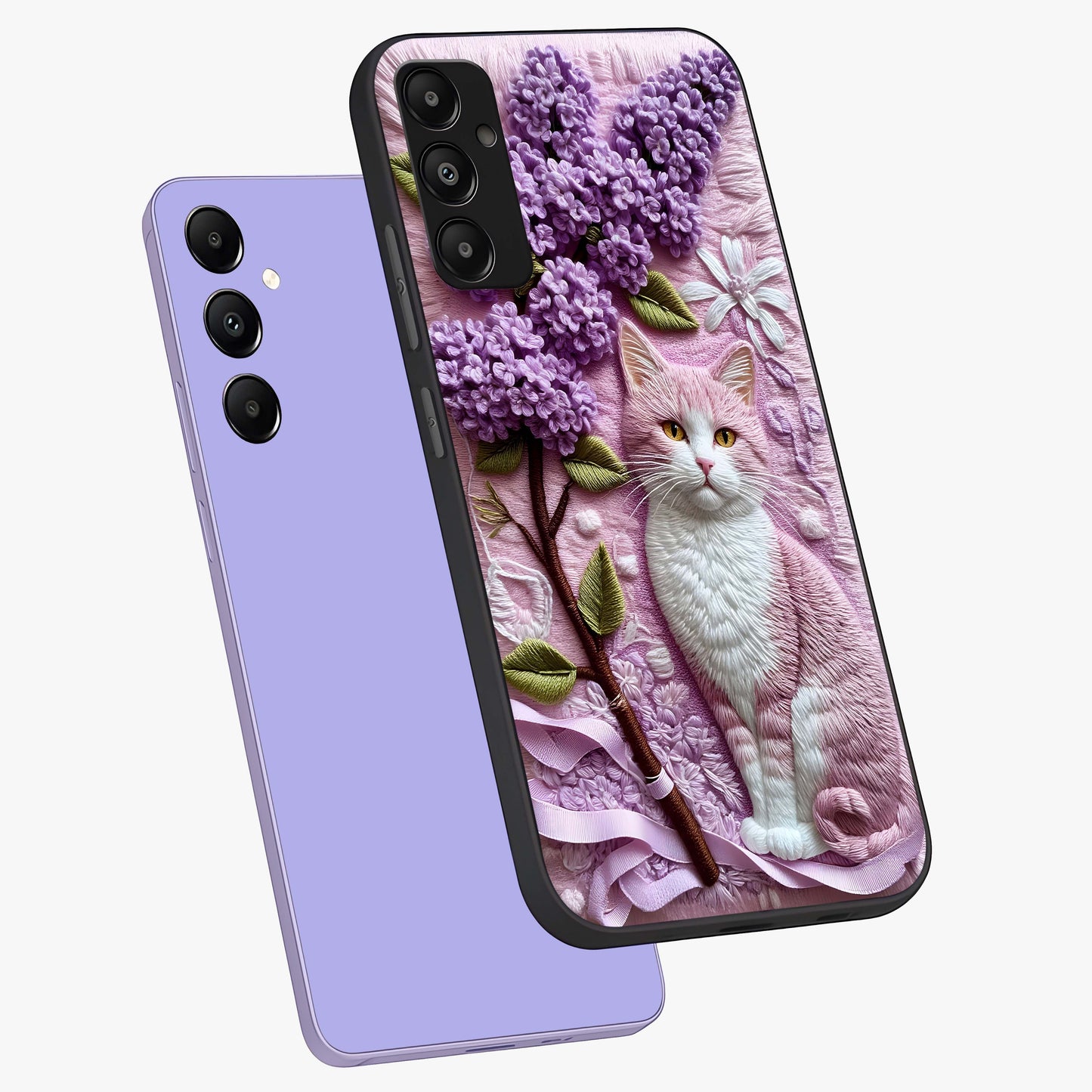 Lavender Cat Whimsy Glass Case displayed in angled mockup highlighting playful feline illustration with pastel lavender aesthetic.
