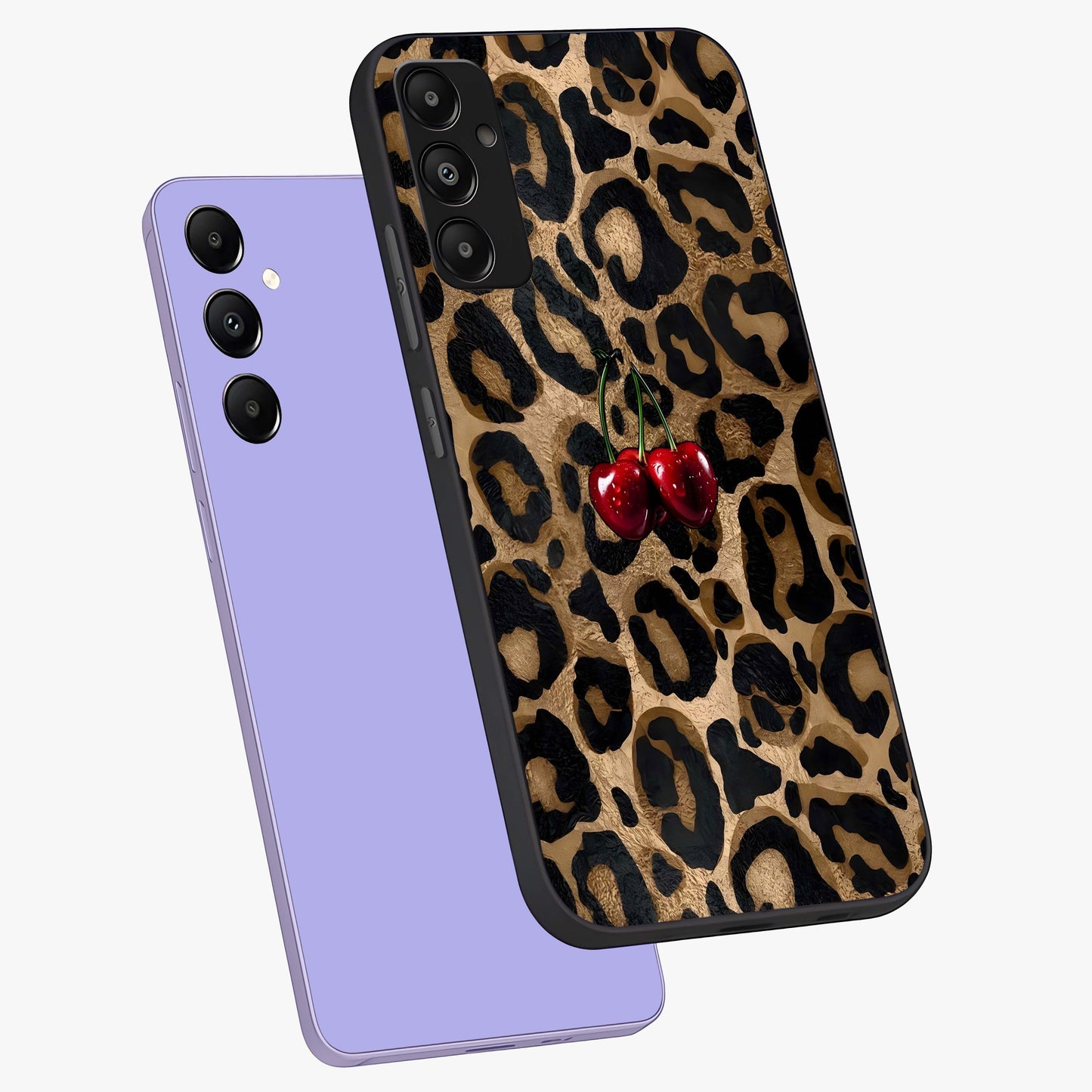 Leopard Wild Cherry Glass Case displayed in angled mockup highlighting bold animal print design with playful cherry aesthetic.