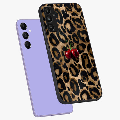 Leopard Wild Cherry Glass Case displayed in angled mockup highlighting bold animal print design with playful cherry aesthetic.