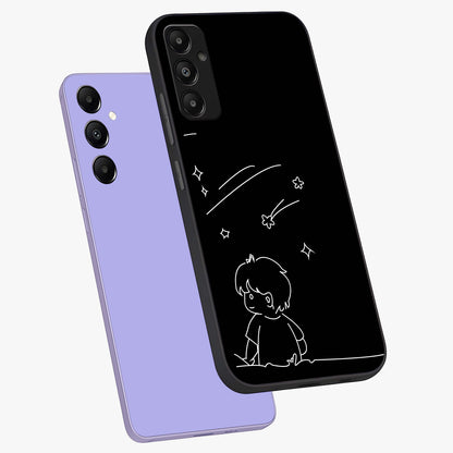 Line Art Boy With Shooting Stars Glass Case displayed in angled mockup highlighting elegant line art design with dreamy star aesthetic.
