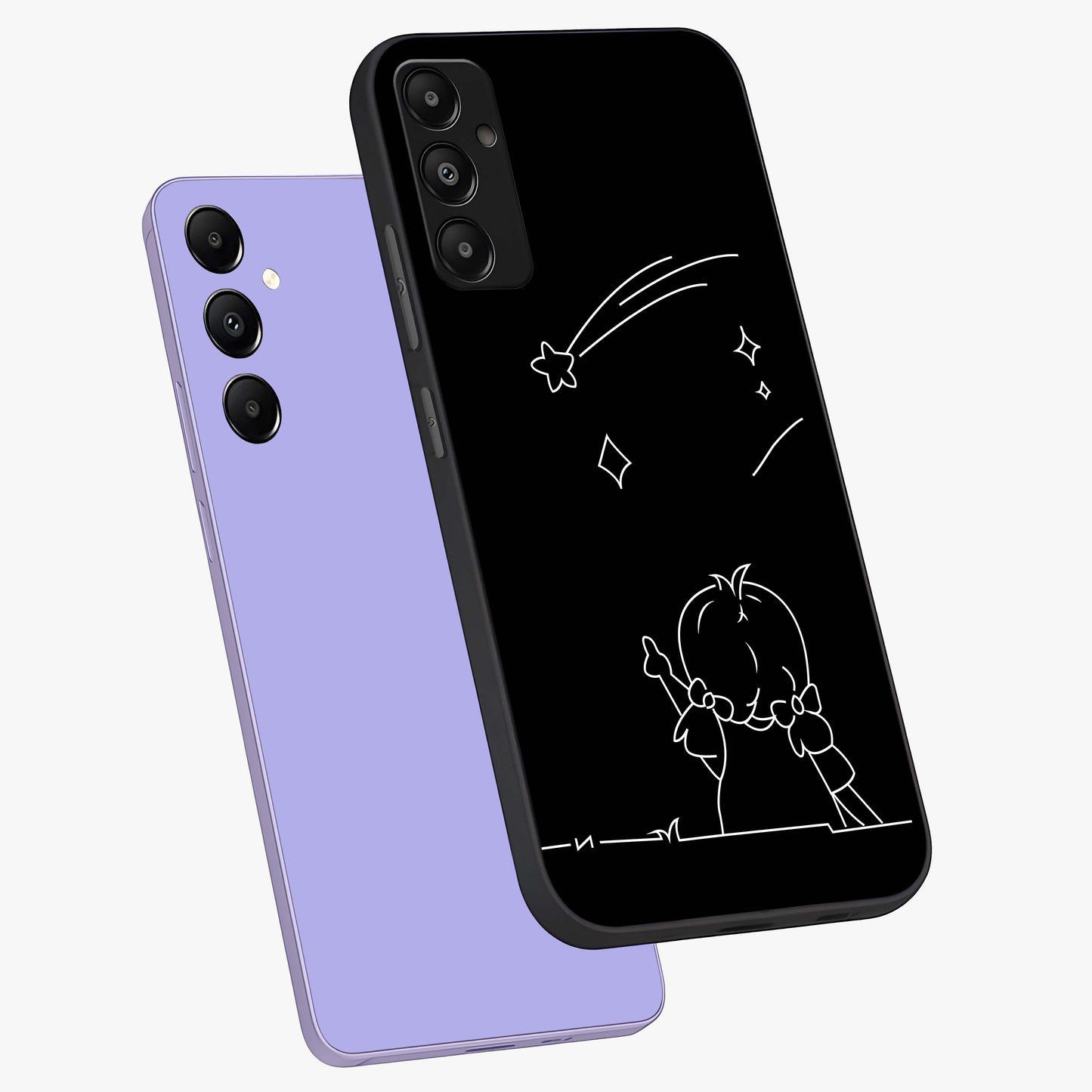 Line Art Girl With Shooting Stars Glass Case displayed in angled mockup highlighting elegant line art design with dreamy star aesthetic.