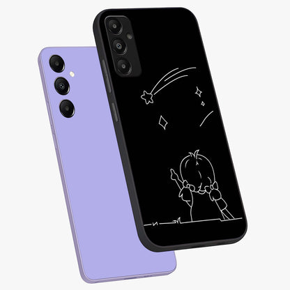 Line Art Girl With Shooting Stars Glass Case displayed in angled mockup highlighting elegant line art design with dreamy star aesthetic.
