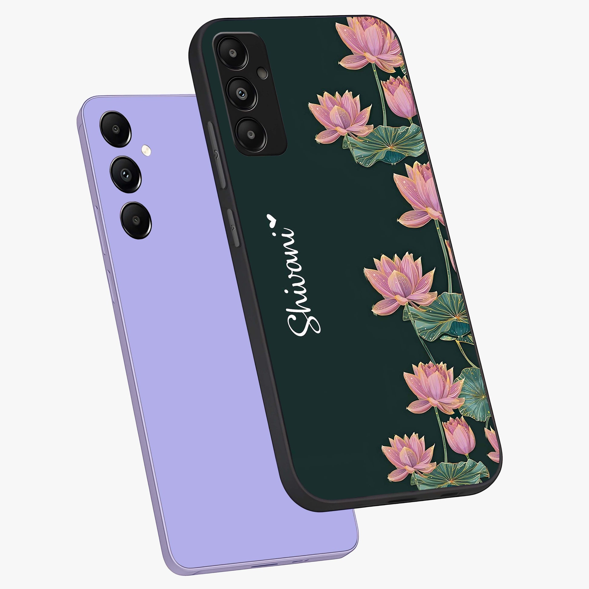 Lotus Bloom Serenity Custom Name Glass Case displayed in angled mockup highlighting graceful lotus illustration with custom name feature.