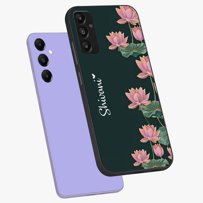 Lotus Bloom Serenity Custom Name Glass Case displayed in angled mockup highlighting graceful lotus illustration with custom name feature.