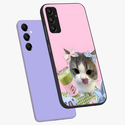 Love Matcha Cat Glass Case displayed in angled mockup highlighting playful feline illustration with cozy matcha aesthetic.