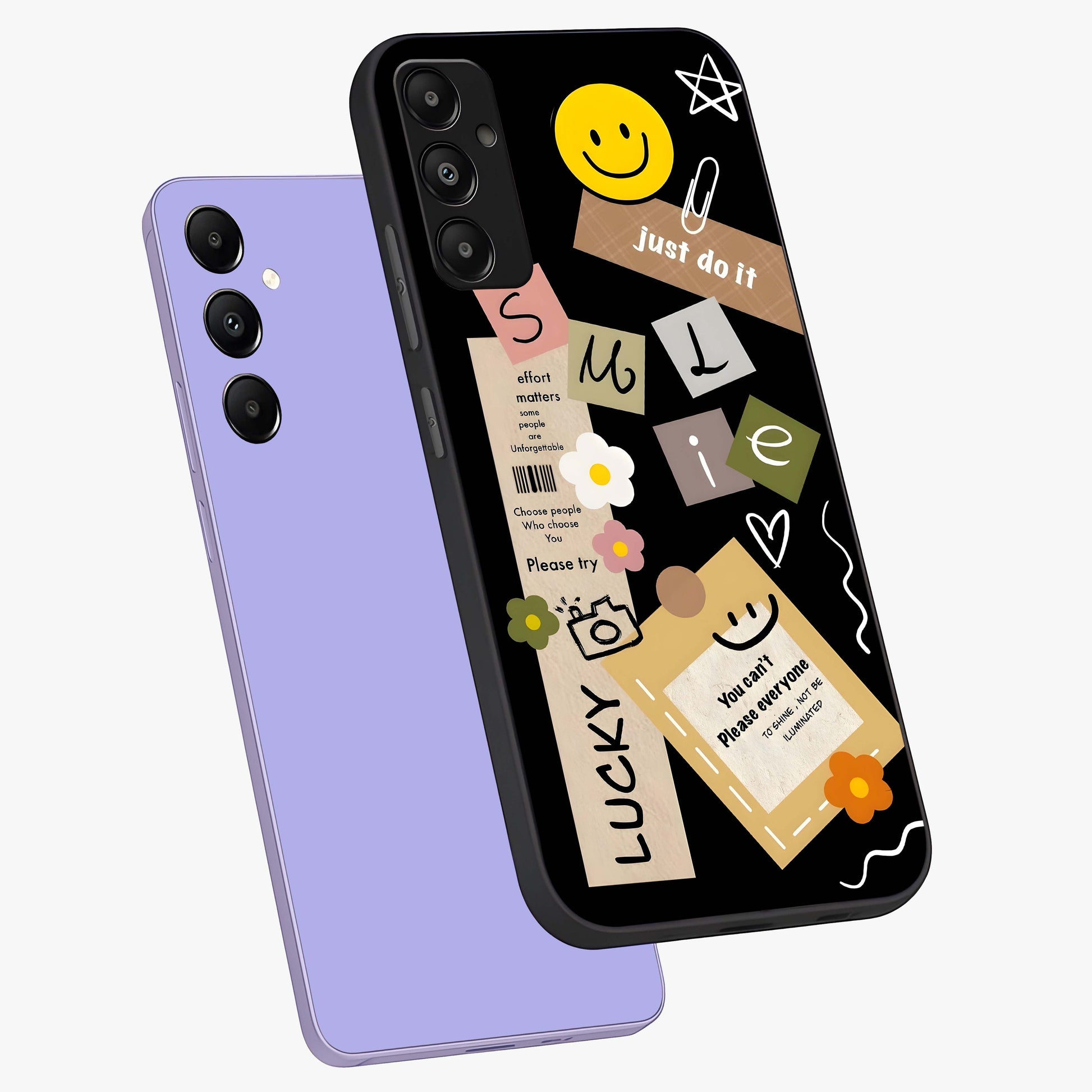 Lucky Aesthetic Collage Glass Case displayed in angled mockup highlighting stylish collage pattern with modern aesthetic vibe.