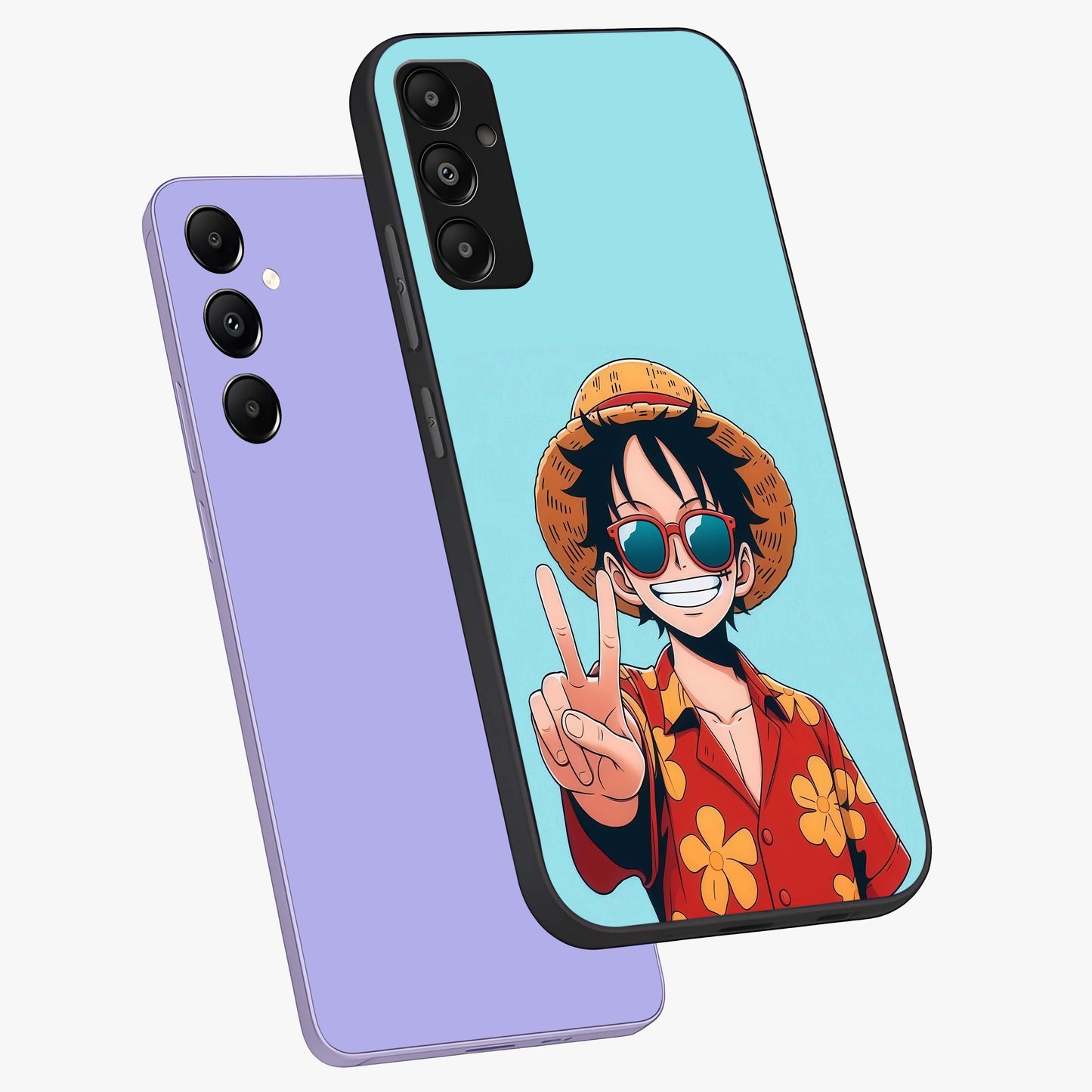 Luffy Summer Anime Vibe Glass Case displayed in angled mockup highlighting energetic anime illustration with summer vibe aesthetic.