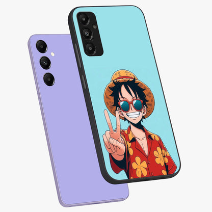 Luffy Summer Anime Vibe Glass Case displayed in angled mockup highlighting energetic anime illustration with summer vibe aesthetic.