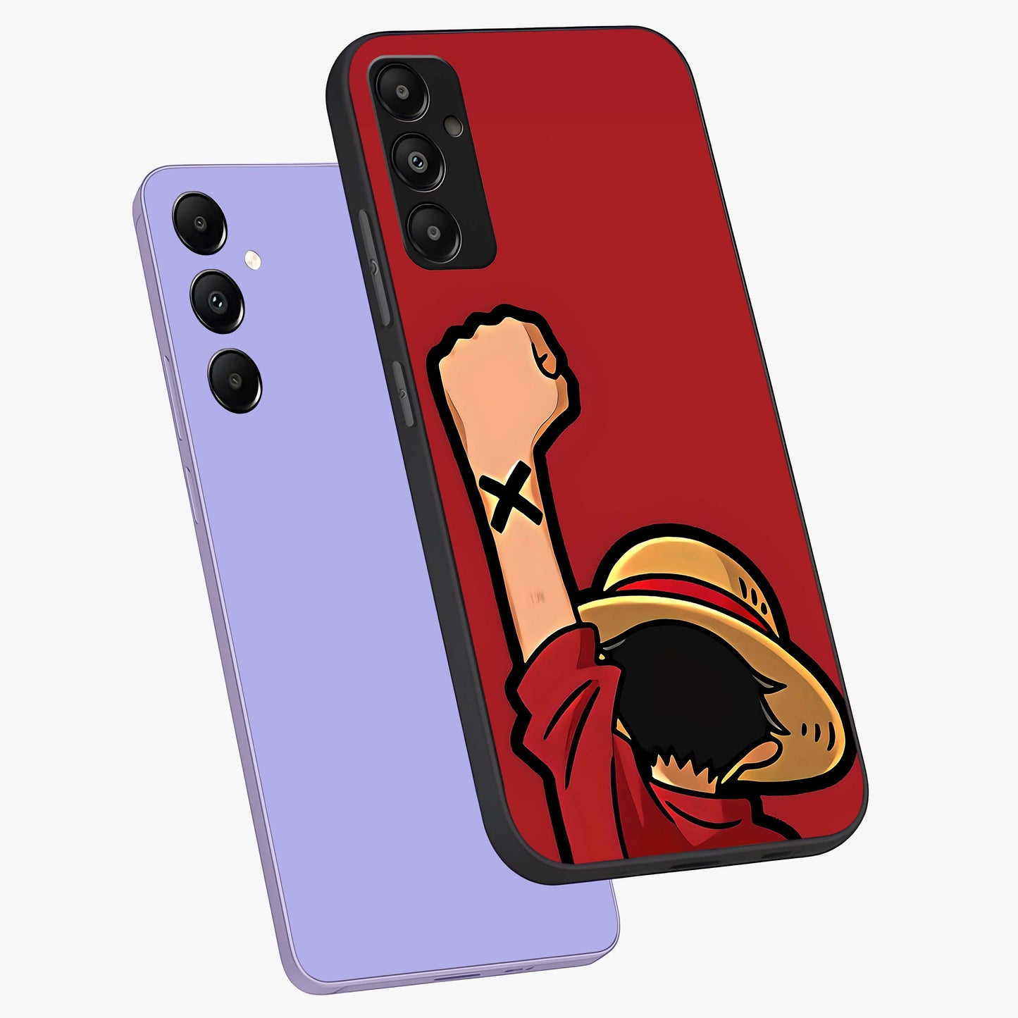 Luffy X Spirit Glass Case displayed in angled mockup highlighting powerful anime design with energetic action aesthetic.