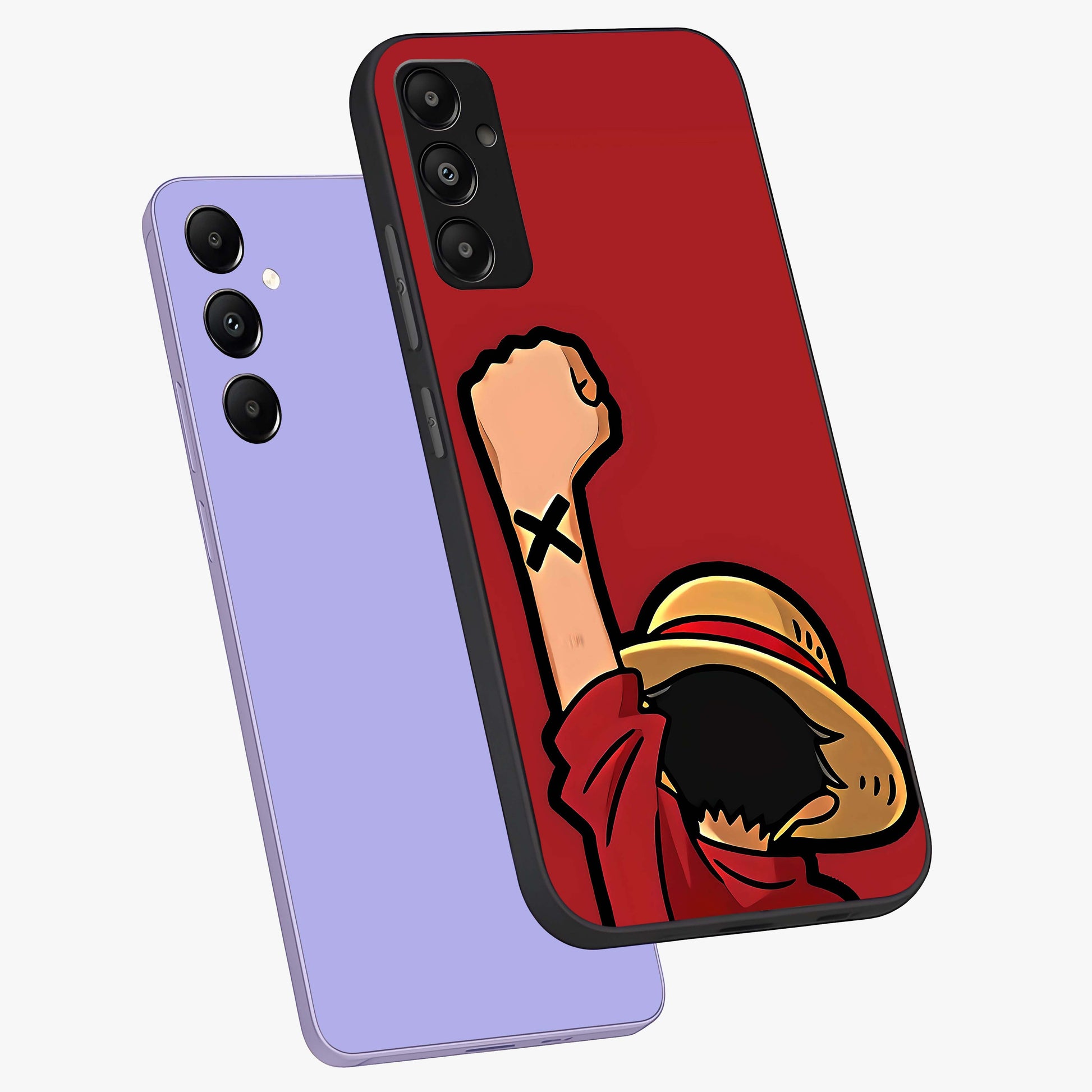 Luffy X Spirit Glass Case displayed in angled mockup highlighting powerful anime design with energetic action aesthetic.