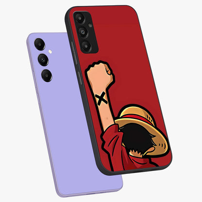 Luffy X Spirit Glass Case displayed in angled mockup highlighting powerful anime design with energetic action aesthetic.