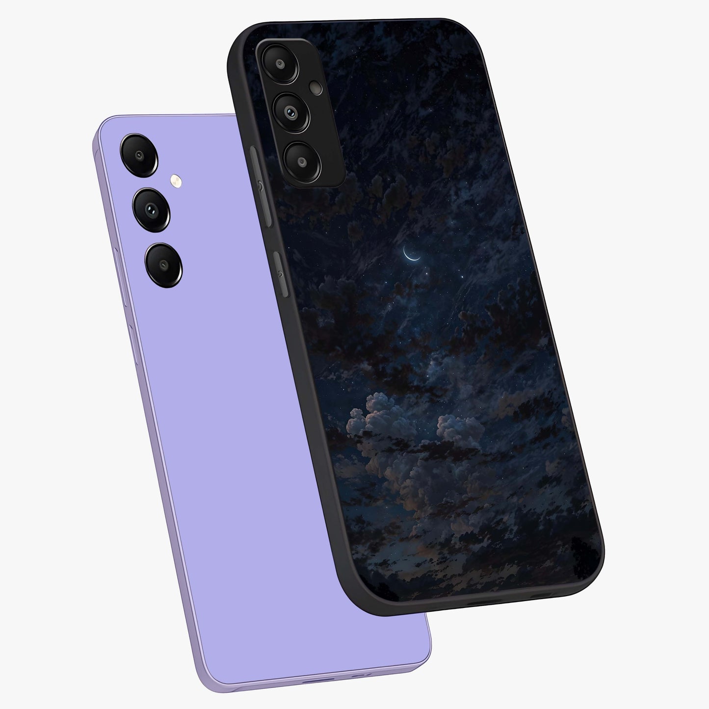 Lunar Veil Silence Glass Case displayed in angled mockup highlighting soft lunar design with peaceful celestial aesthetic.