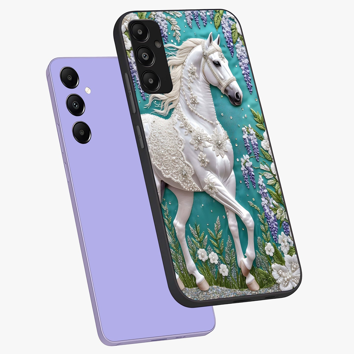 Majestic Floral Stallion Glass Case displayed in angled mockup highlighting majestic stallion illustration with elegant floral aesthetic.