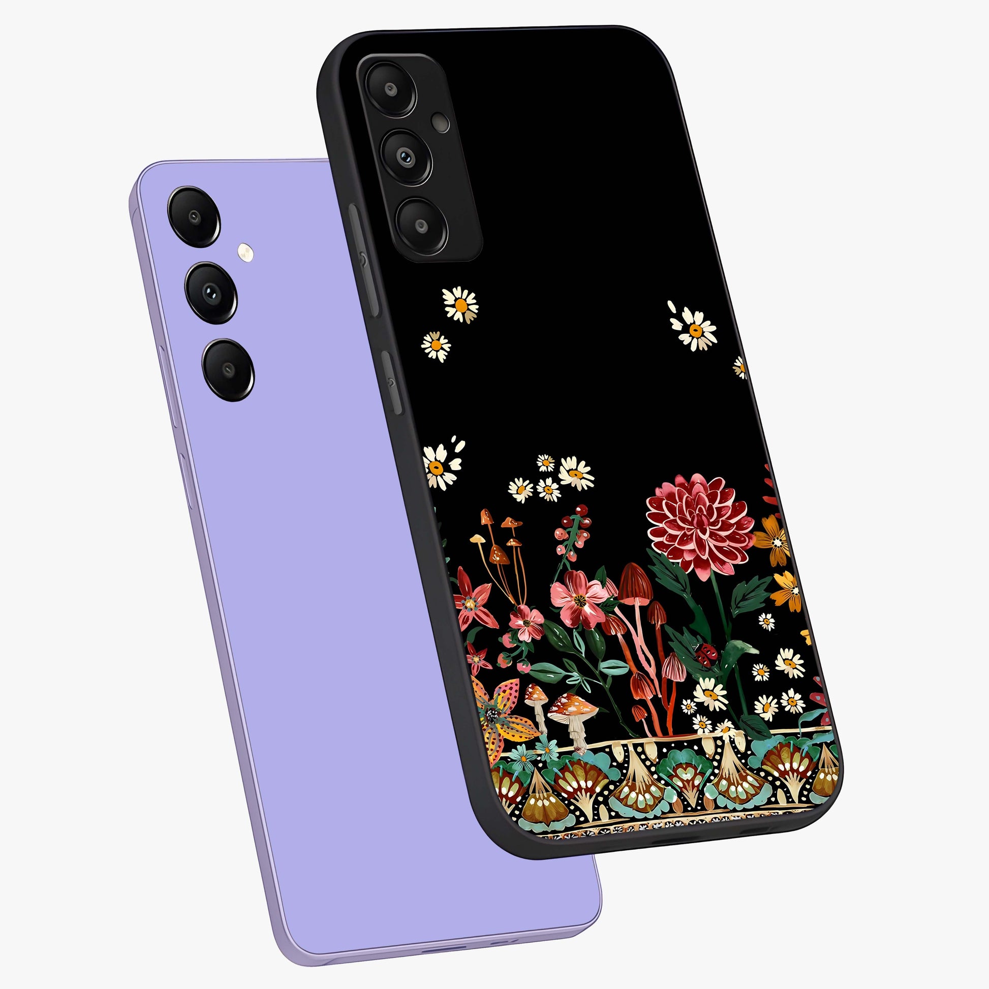 Midnight Bloom Pattern Glass Case displayed in angled mockup highlighting elegant flower design with midnight aesthetic style.