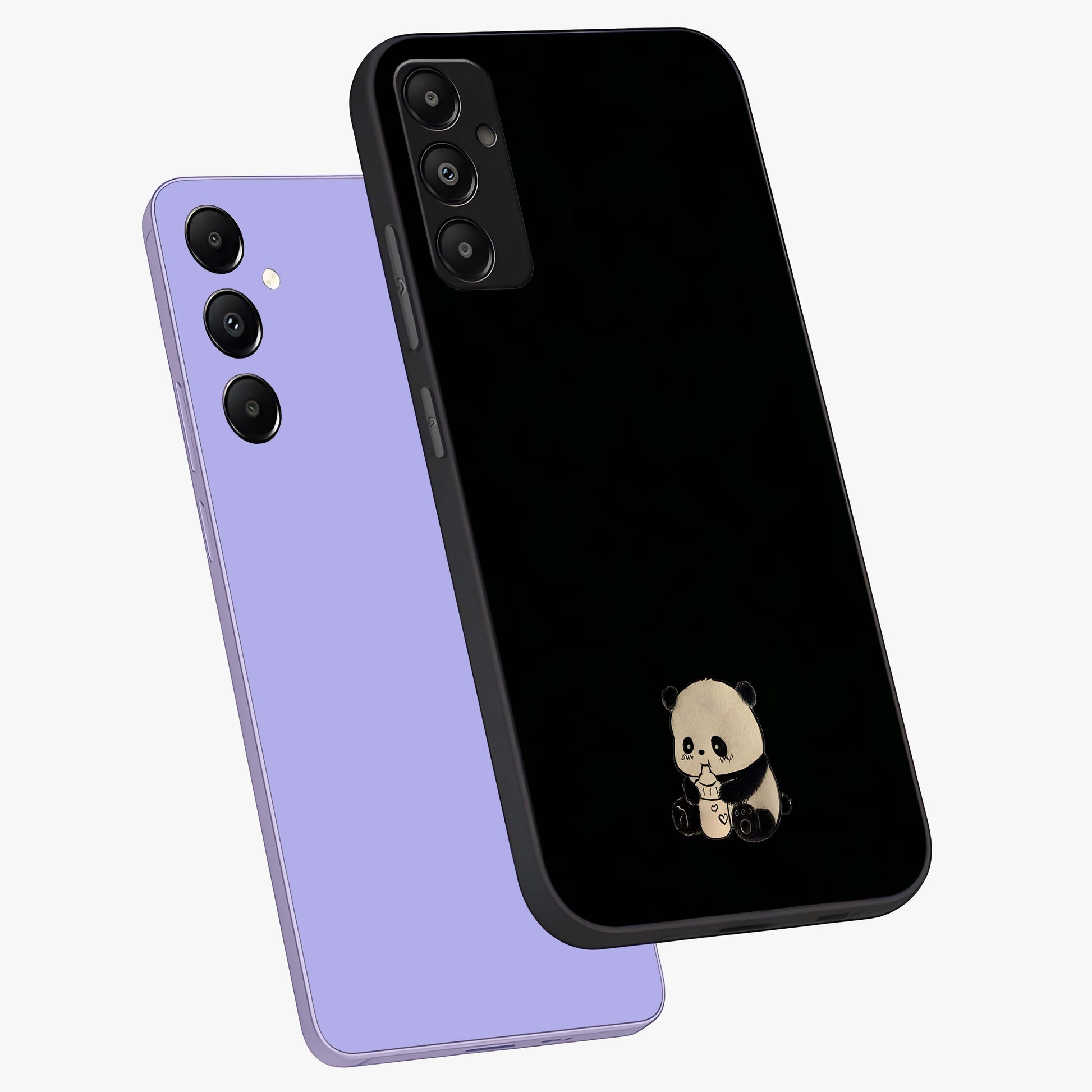 Midnight Panda Love Glass Case displayed in angled mockup highlighting adorable panda illustration with midnight aesthetic.