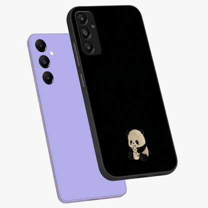 Midnight Panda Love Glass Case displayed in angled mockup highlighting adorable panda illustration with midnight aesthetic.
