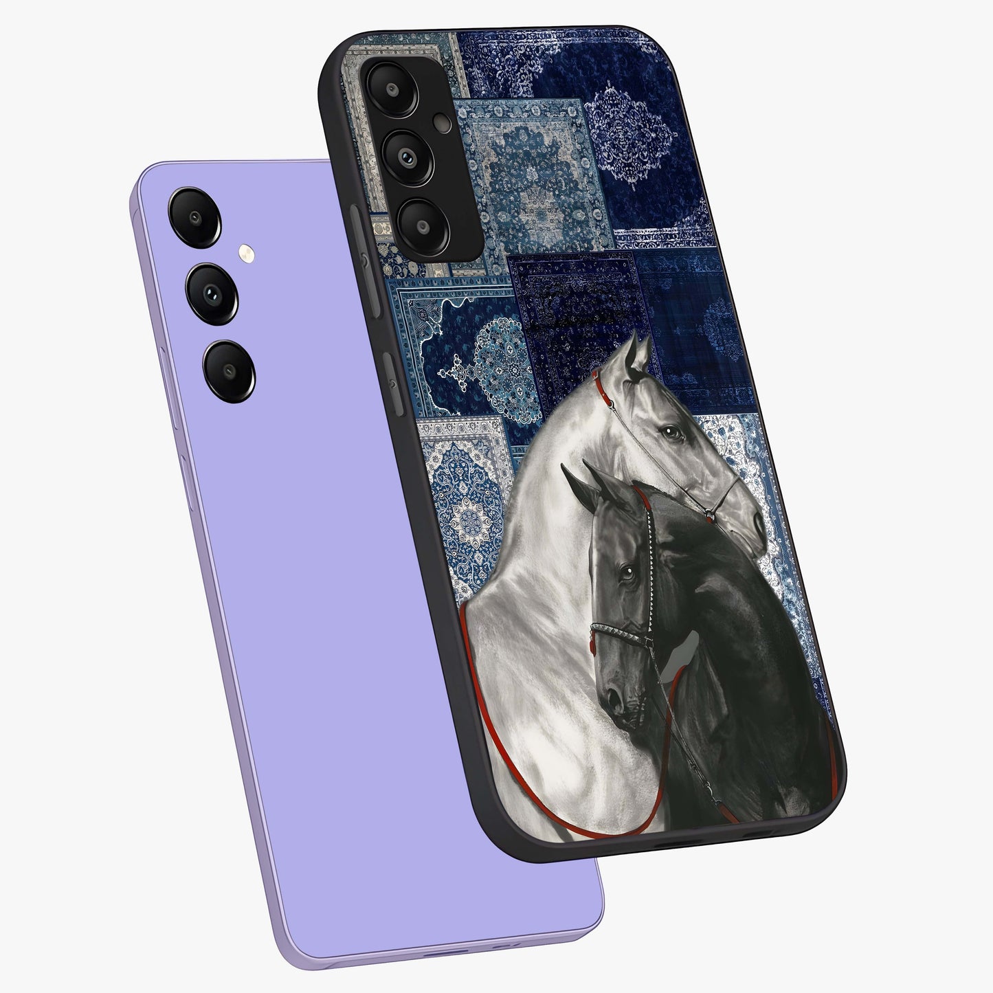 Midnight Stallion Blues Glass Case displayed in angled mockup highlighting powerful stallion illustration with deep midnight tones.