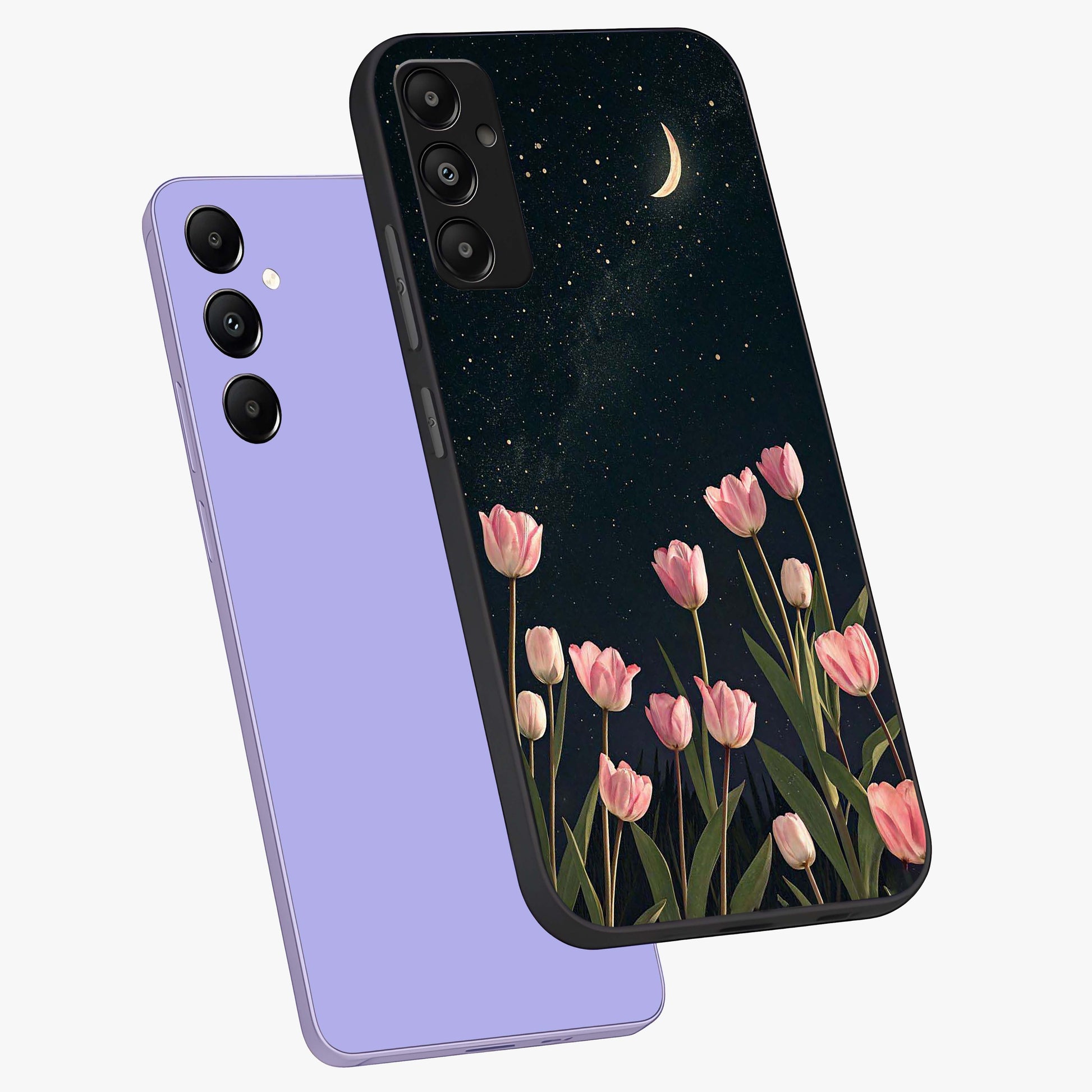 Midnight Tulip Whispers Vibe Glass Case displayed in angled mockup highlighting delicate tulip design with midnight floral aesthetic.