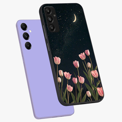 Midnight Tulip Whispers Vibe Glass Case displayed in angled mockup highlighting delicate tulip design with midnight floral aesthetic.