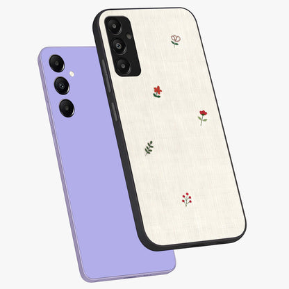 Minimalistic Blue With White Flower Pattern Glass Case displayed in angled mockup highlighting simple floral design with minimal aesthetic.