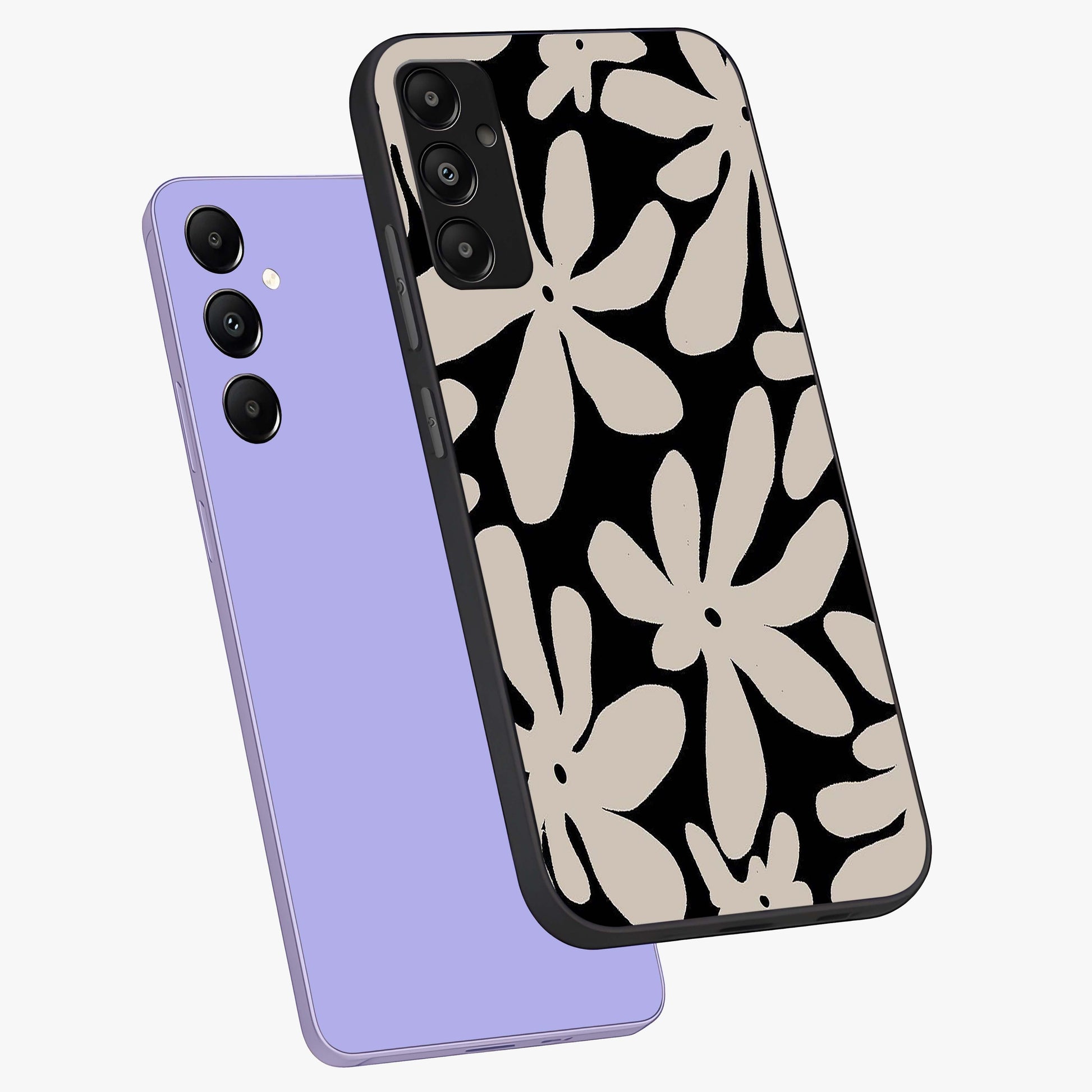 Monochrome Petal Dance Glass Case displayed in angled mockup highlighting elegant petal design with black and white aesthetic.