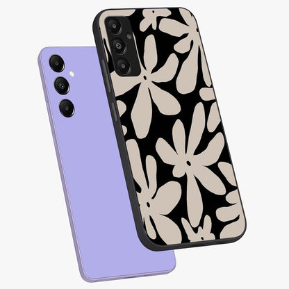 Monochrome Petal Dance Glass Case displayed in angled mockup highlighting elegant petal design with black and white aesthetic.