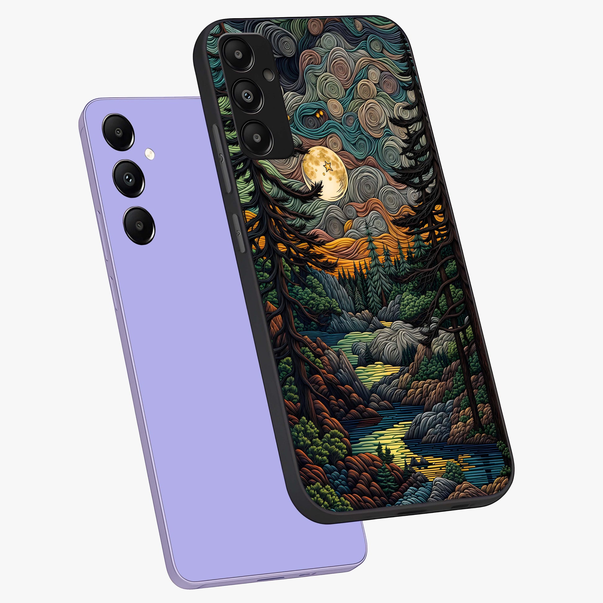 Moonlight Forest Dream Glass Case displayed in angled mockup highlighting dreamy forest design with glowing moon aesthetic.