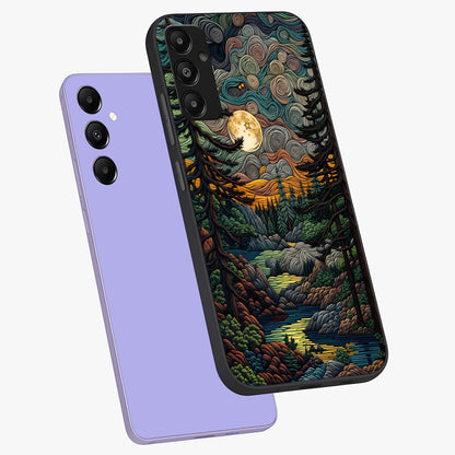 Moonlight Forest Dream Glass Case displayed in angled mockup highlighting dreamy forest design with glowing moon aesthetic.