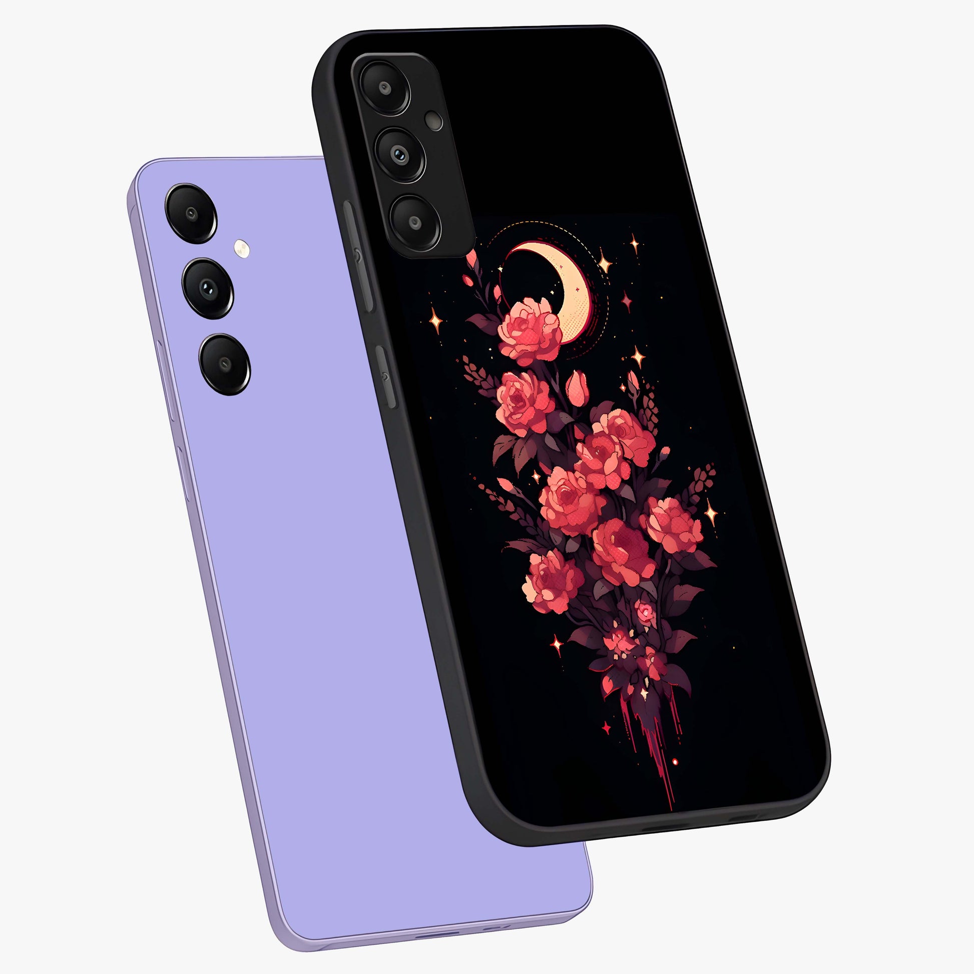 Moonlit Floral Elegance Glass Case displayed in angled mockup highlighting graceful flower design with soft moonlight aesthetic.