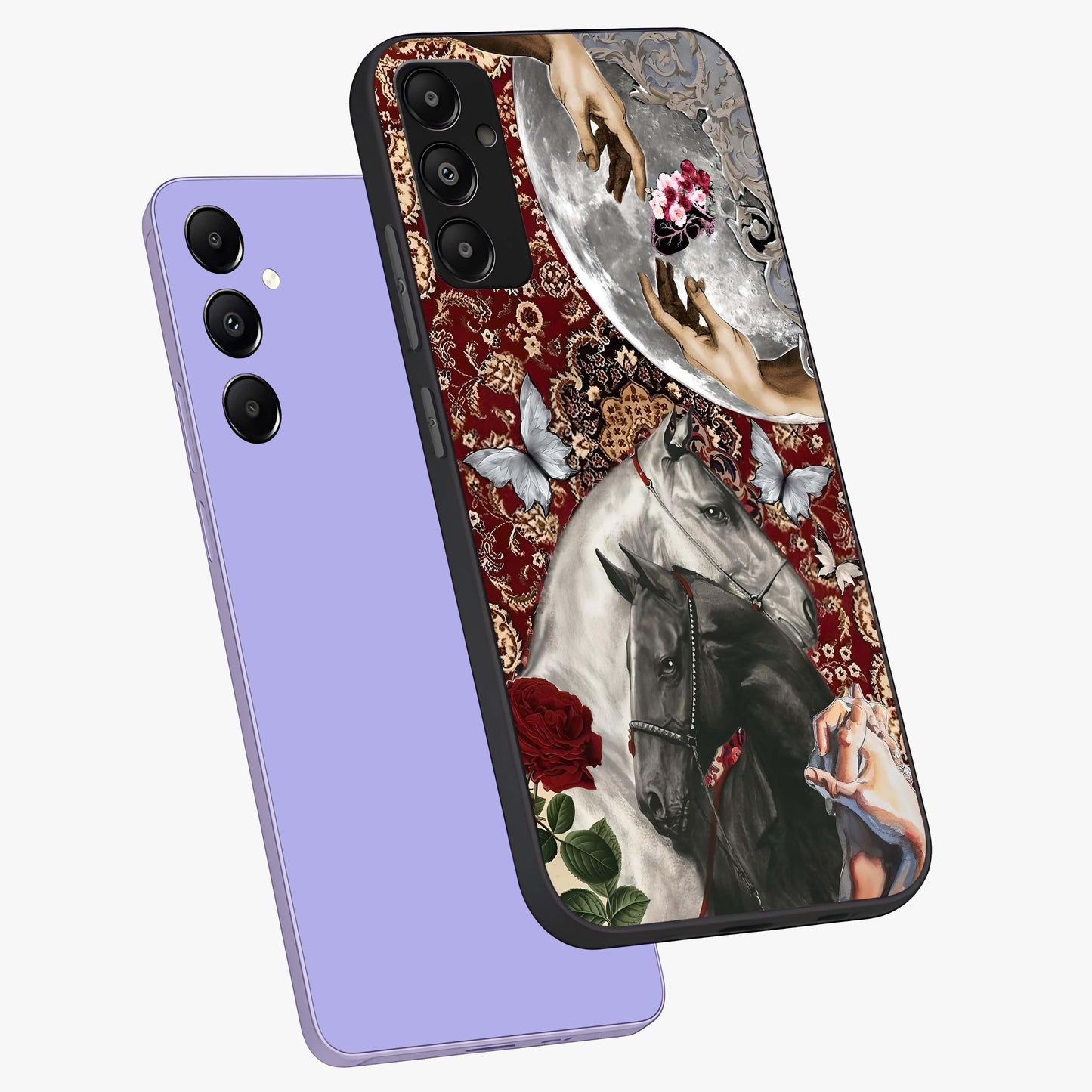 Moonlit Royal Stallion Glass Case displayed in angled mockup highlighting powerful stallion illustration with royal night aesthetic.