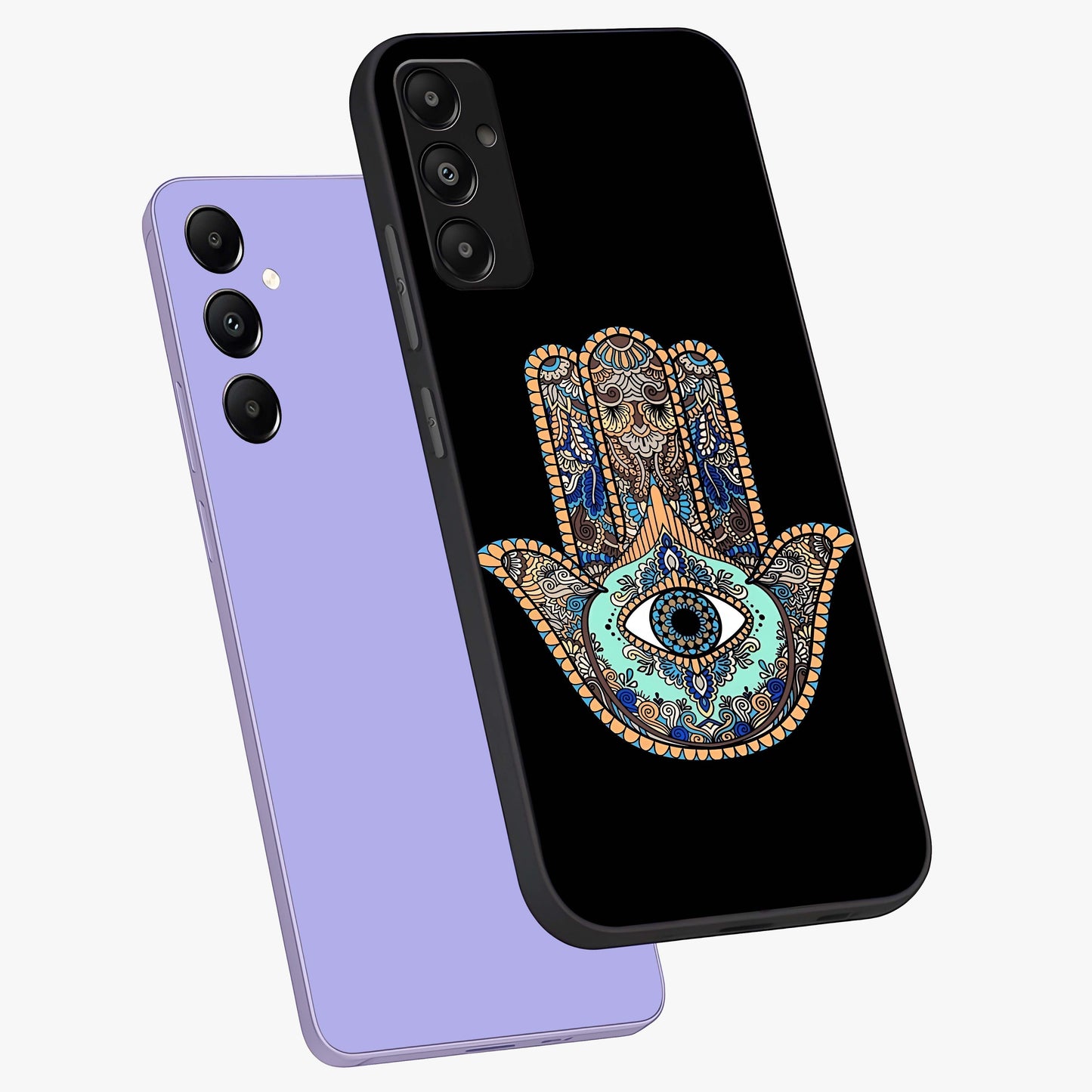 Mystic Hamsa Eye Glass Case displayed in angled mockup highlighting spiritual hamsa symbol with mystical aesthetic style.