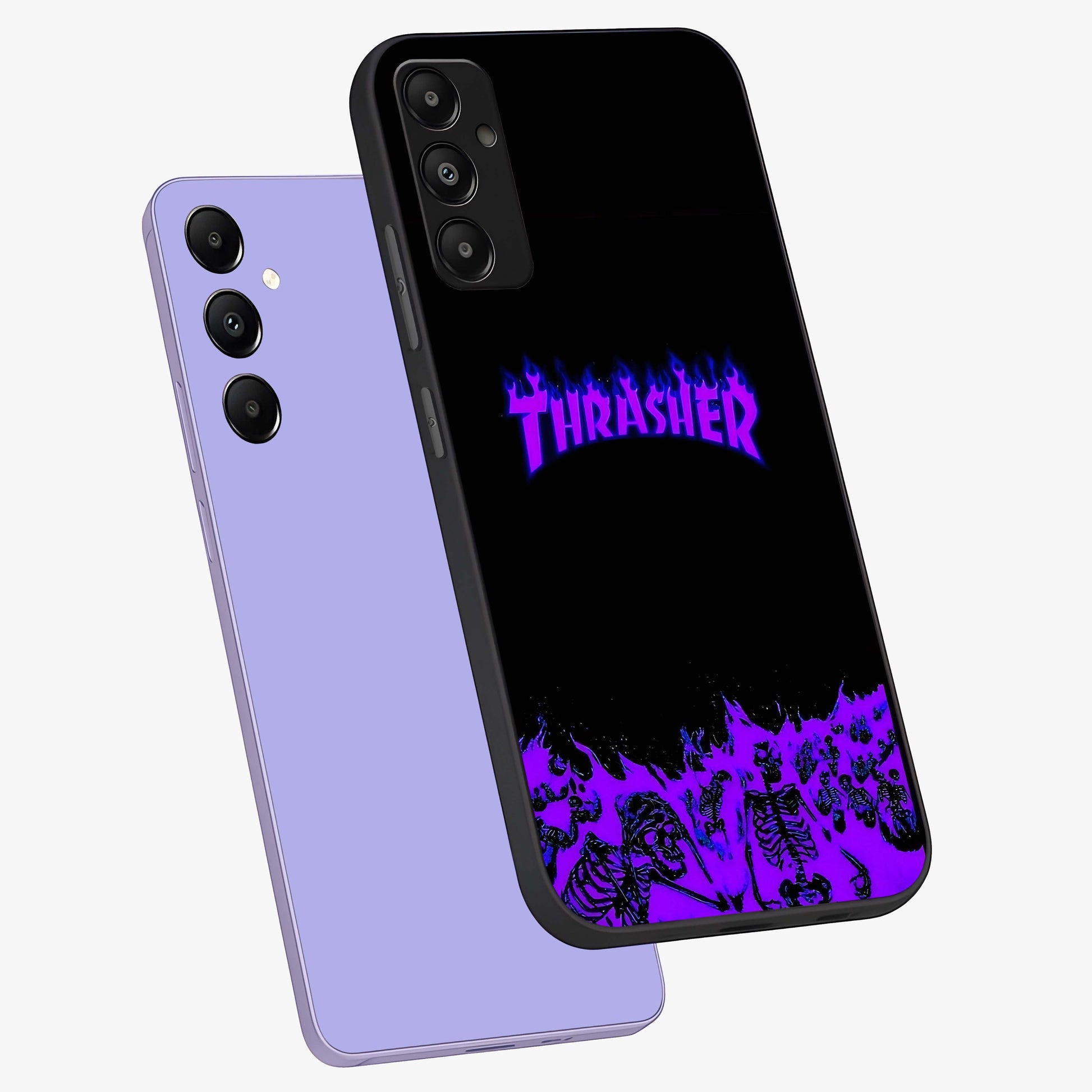 Neon Flame Riot Glass Case displayed in angled mockup highlighting glowing flame design with vibrant neon aesthetic.