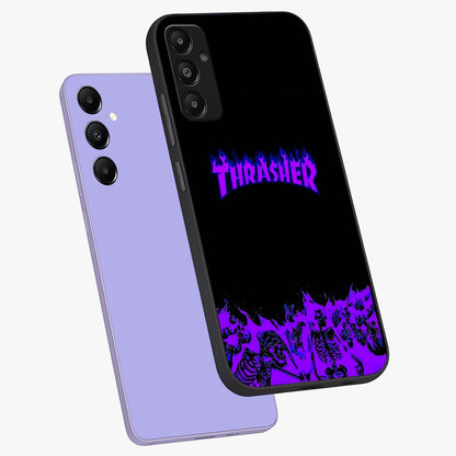 Neon Flame Riot Glass Case displayed in angled mockup highlighting glowing flame design with vibrant neon aesthetic.