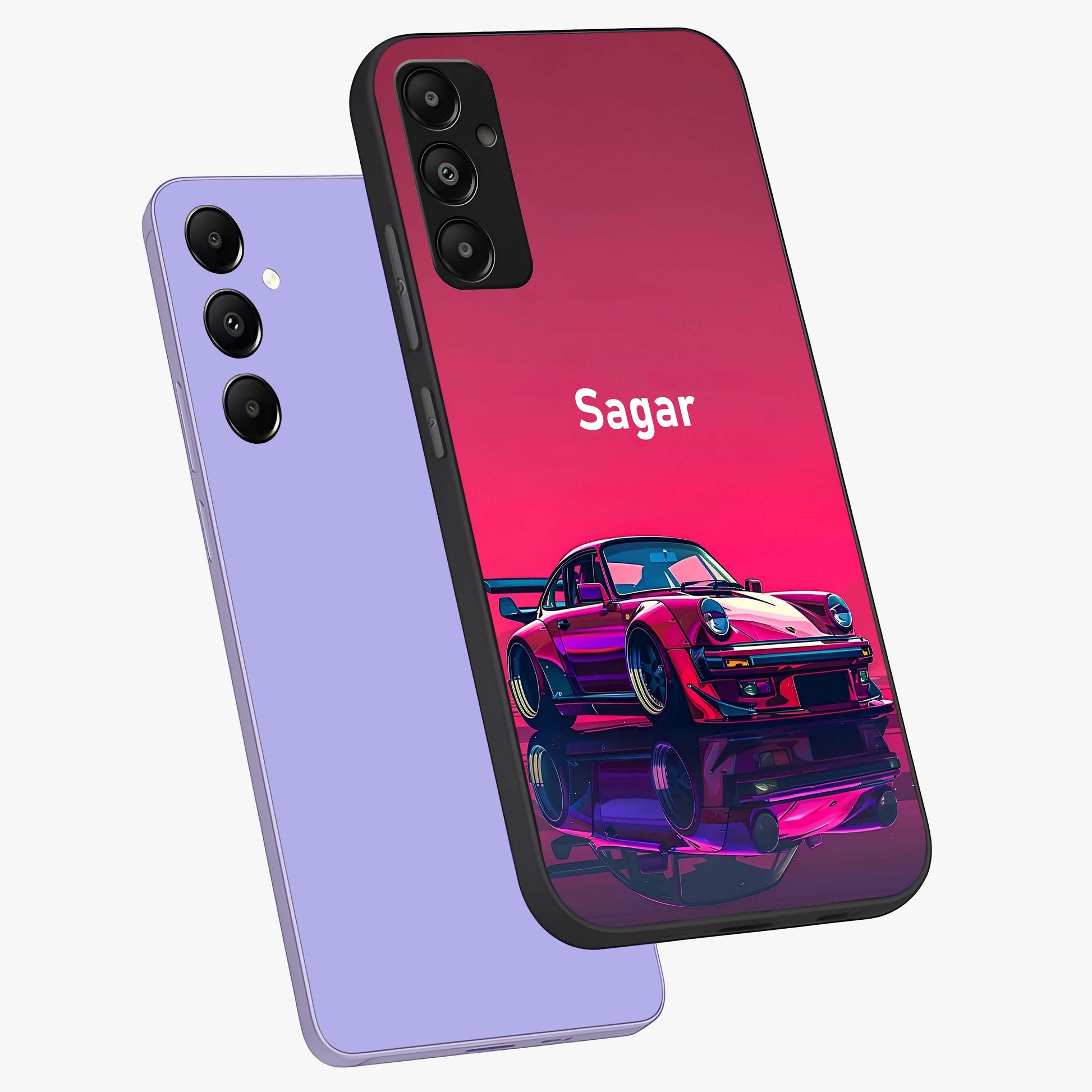 Neon Pink Porsche Glass Case displayed in angled mockup highlighting sleek neon pink car design with racing aesthetic.