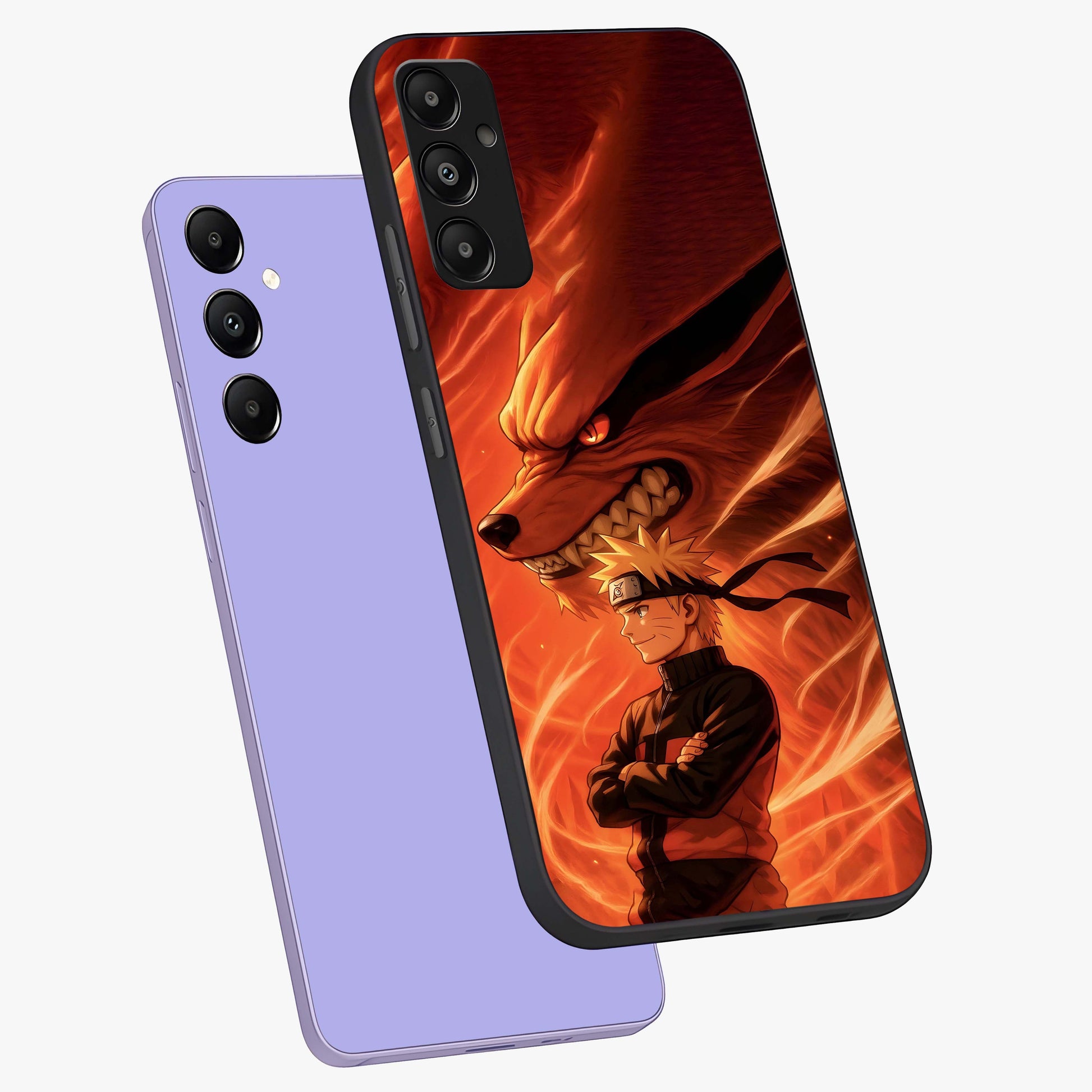 Nine Tails Legacy Glass Case displayed in angled mockup highlighting dynamic anime beast illustration with bold mystical aesthetic.