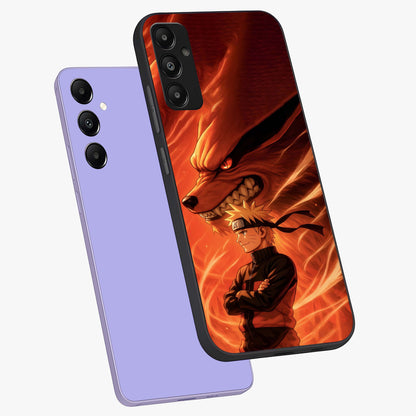 Nine Tails Legacy Glass Case displayed in angled mockup highlighting dynamic anime beast illustration with bold mystical aesthetic.