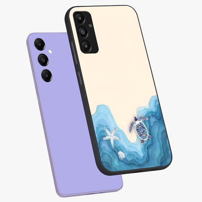 Ocean Drift Turtle Glass Case displayed in angled mockup highlighting peaceful ocean turtle illustration with marine aesthetic.