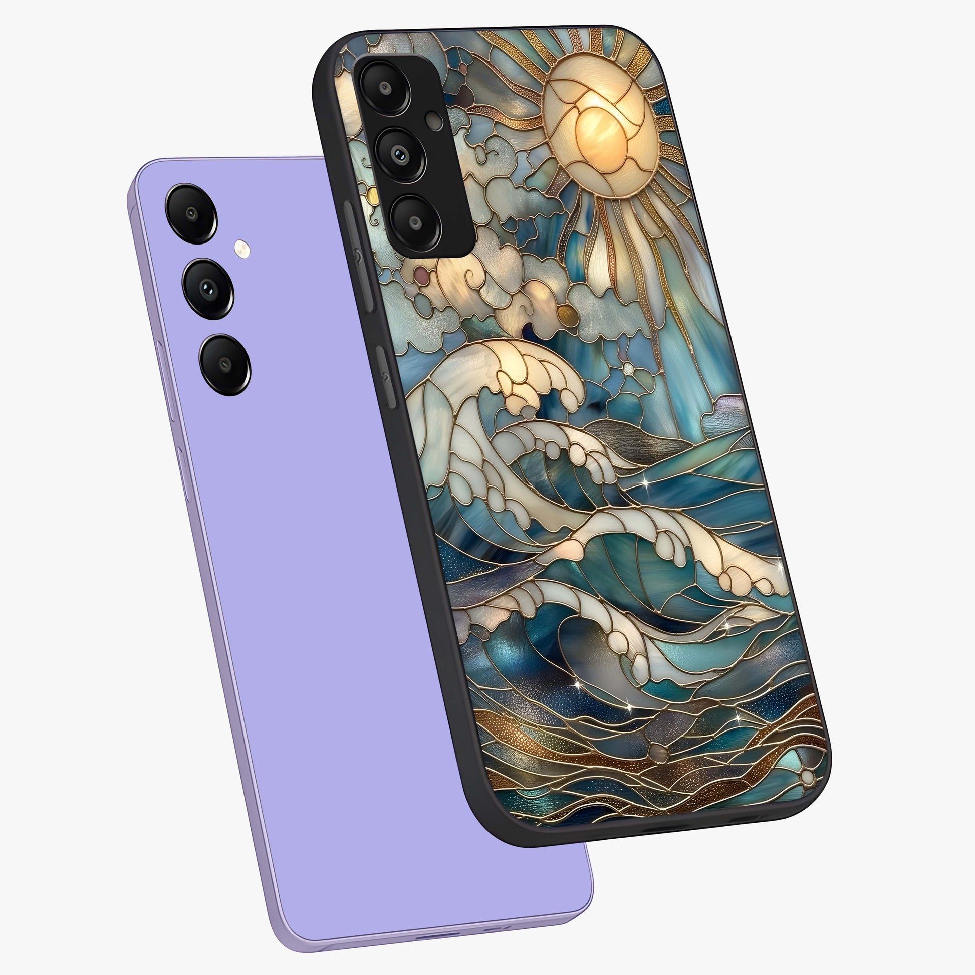 Oceanic Stained Printed Glass Case displayed in angled mockup highlighting colorful aquatic design with artistic aesthetic style.