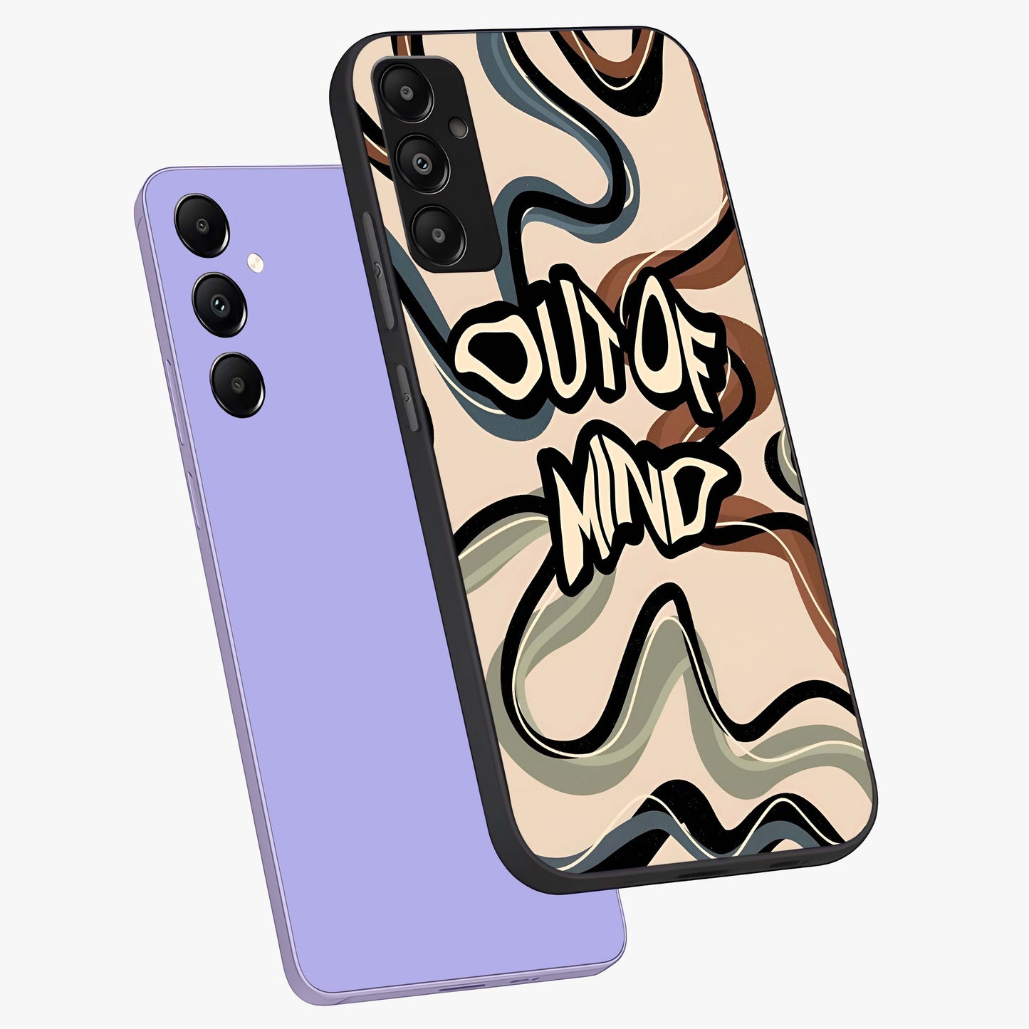 Out Of Mind Glass Case displayed in angled mockup highlighting bold statement design with modern artistic aesthetic.
