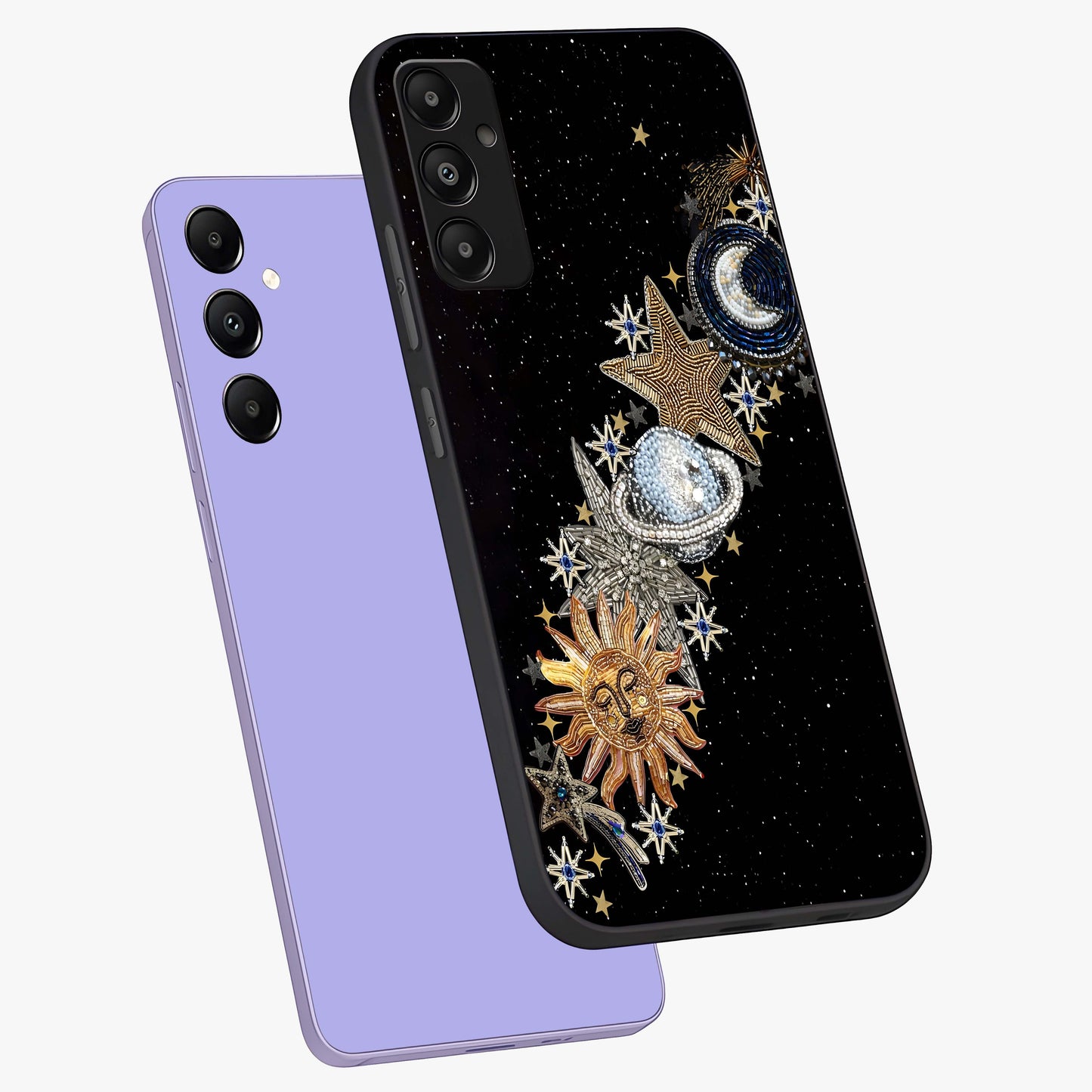 Pearls Universe Object Glass Case displayed in angled mockup highlighting celestial pearl design with dreamy aesthetic.
