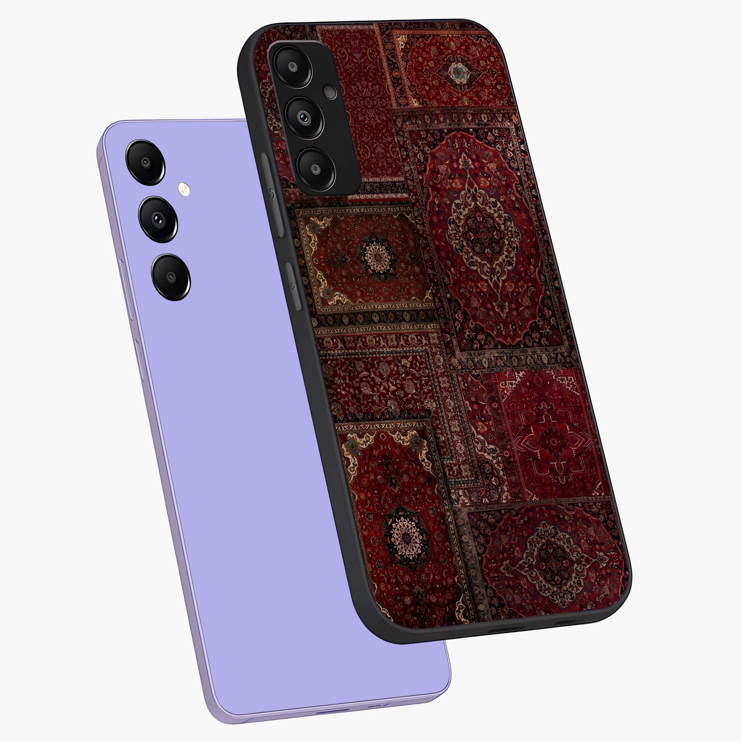Persian Velvet Tale Glass Case displayed in angled mockup highlighting ornate textile inspired design with royal aesthetic.
