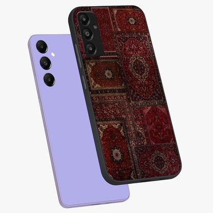 Persian Velvet Tale Glass Case displayed in angled mockup highlighting ornate textile inspired design with royal aesthetic.