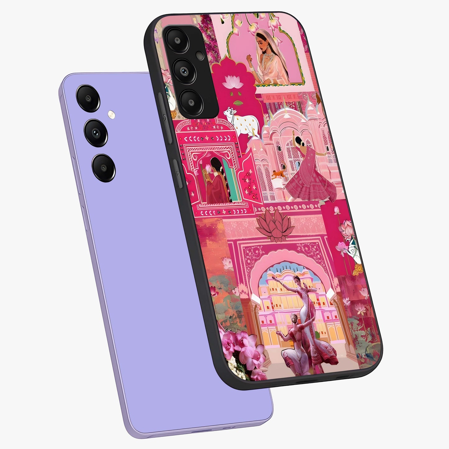 Pink Palace Muse Glass Case displayed in angled mockup highlighting dreamy palace illustration with soft pink aesthetic.