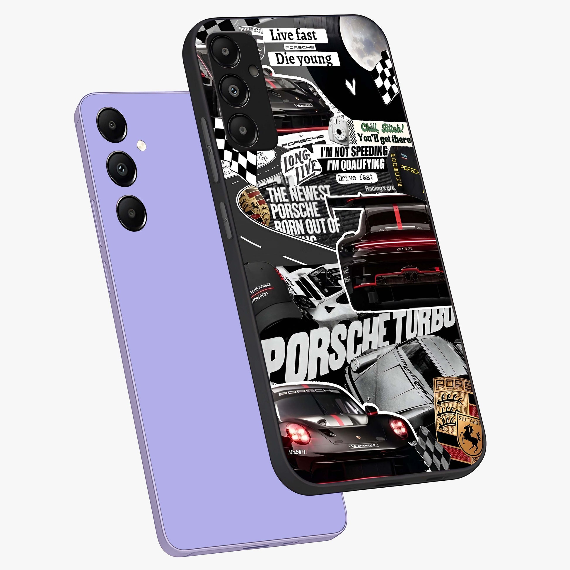 Porsche Racing Collage Glass Case displayed in angled mockup highlighting dynamic automotive design with bold racing aesthetic.